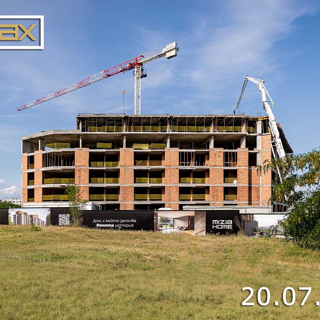изглед отдалече на нова жилищна сграда MIZIA HOME в град София - строителна площадка на дата 20-07-2026